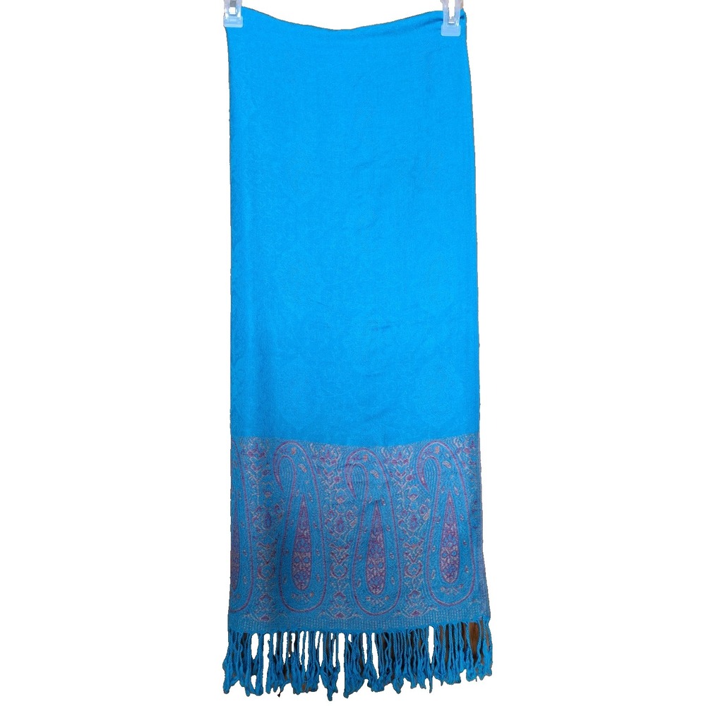Women's Turquoise/Blue Cashmere Wool Paisley Shawl Scarf With Fringe 68 X 27"